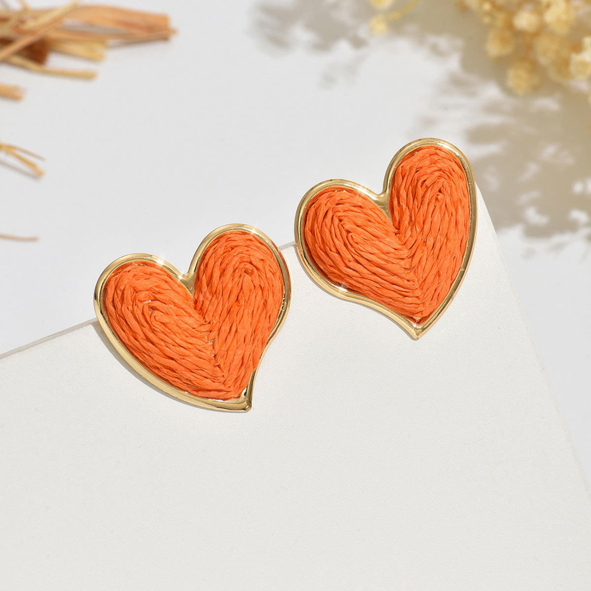 Wholesale Lafite grass colored heart woven earrings