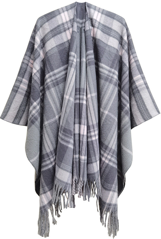 Wholesale Autumn and Winter Slit Cape Thickened Plaid Thorn Fringed Shawl