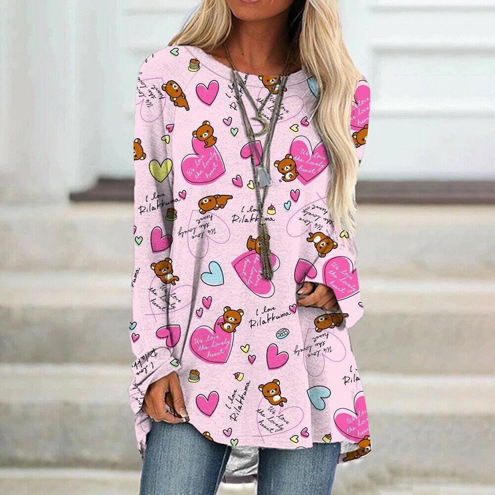 Wholesale Spring 3D Valentine's Day Love Printed Casual Loose Round Neck Long Sleeve T-shirt