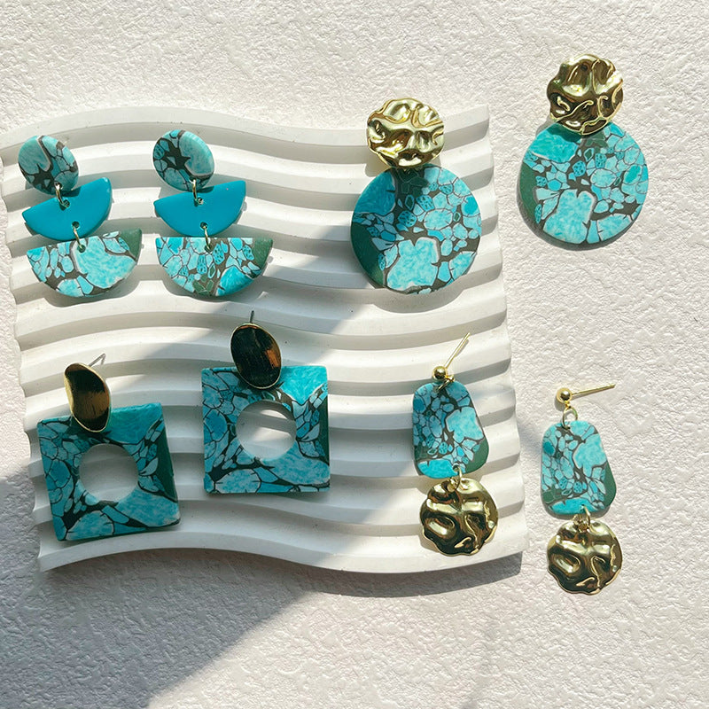 Wholesale Turquoise Geometric Metal Spliced Polymer Clay Earrings