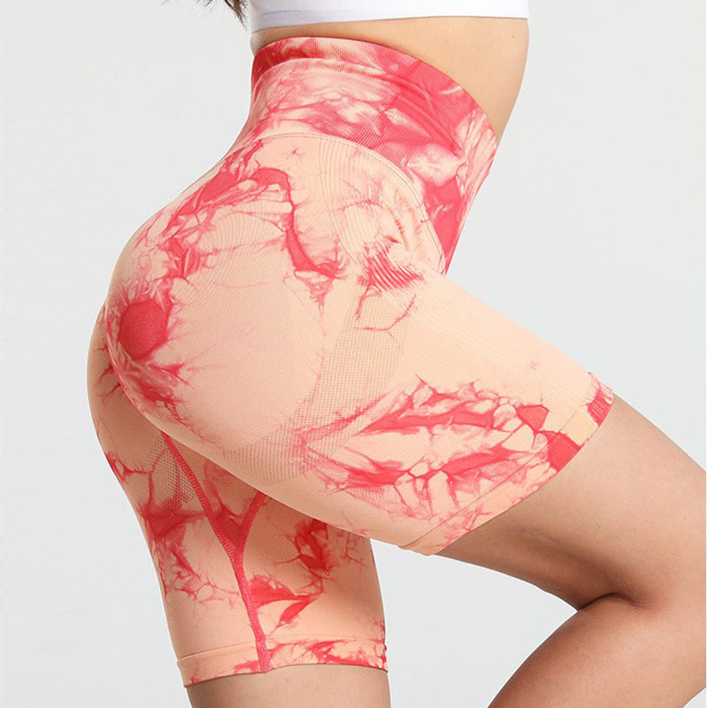 Wholesale Spot High Waist Tie Dye Sports Outdoor Shorts Tight Hip Breathable Peach Yoga Fitness