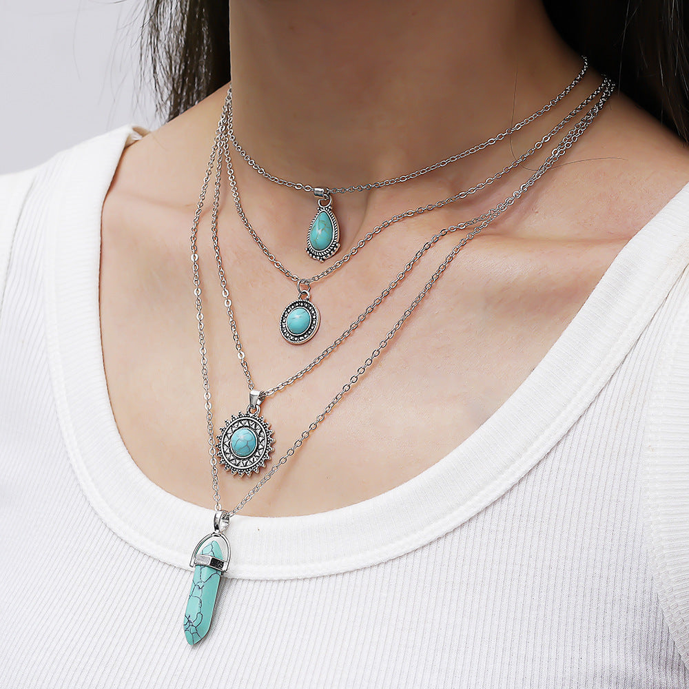 Wholesale Set with turquoise Bohemian style white green flower necklace