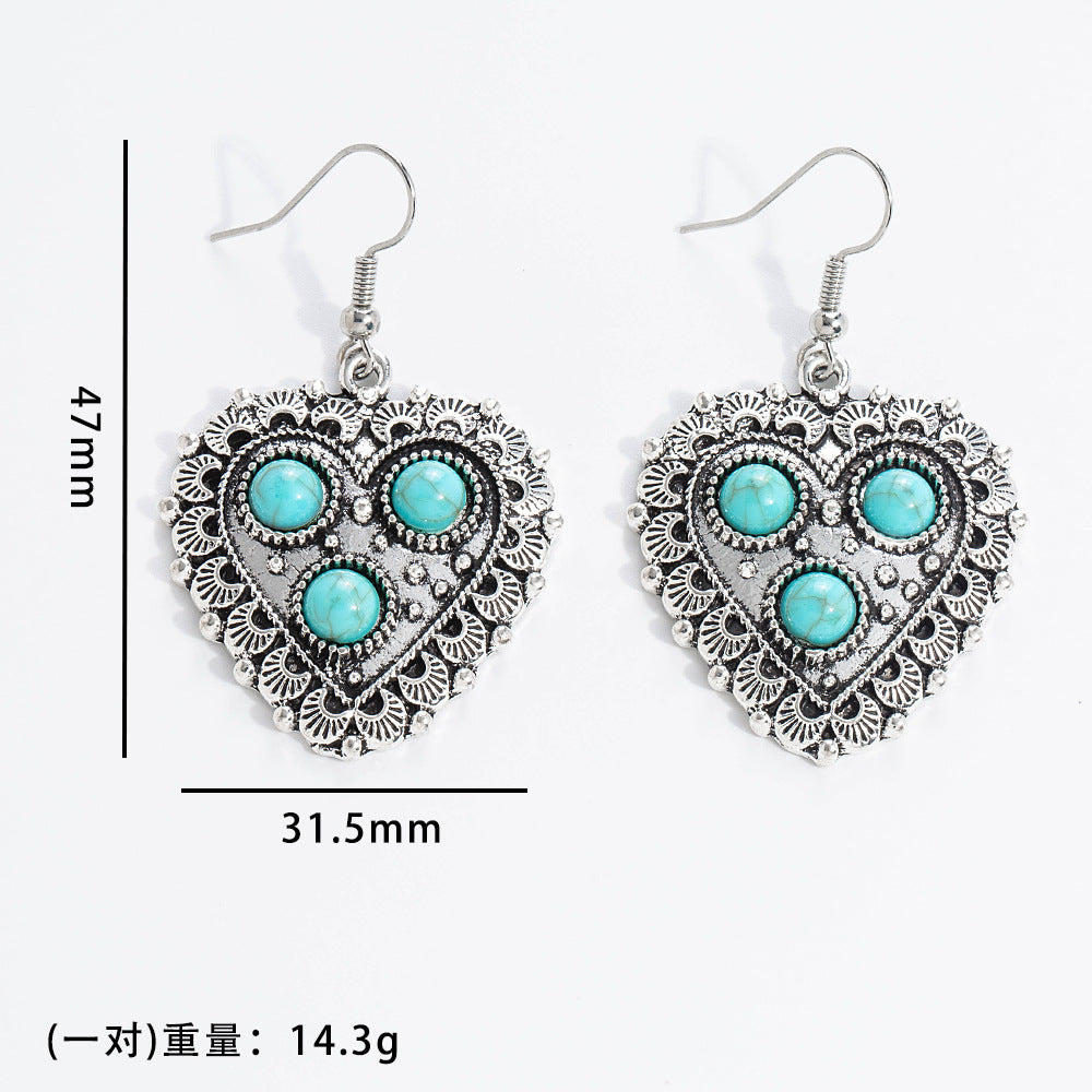 Wholesale 10pcs Vintage turquoise earrings geometric inlay Bohemian alloy personality earrings