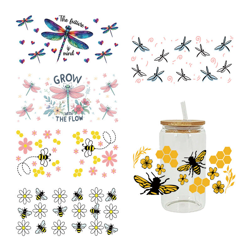 Wholesale Cartoon Cute Dragonfly Bee Insect Theme 16oz Cup UV DTF Wraps