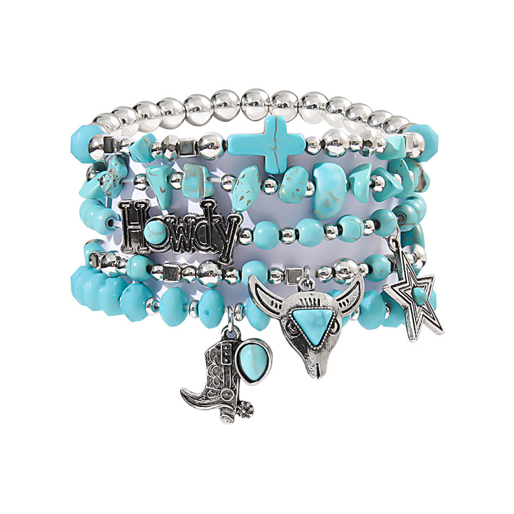 Wholesale Personalized Bull Head Turquoise Beaded Elastic Bracelet Set