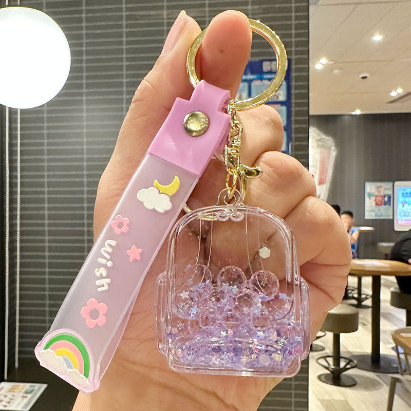Wholesale Oil-filled Drift Bottle Schoolbag Acrylic Keychain