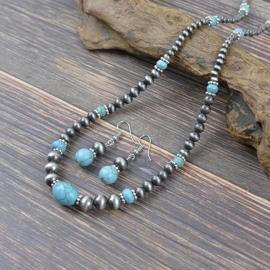 Wholesale Boho Turquoise Necklace Earrings Set Geometric Antique Silver Beaded Jewelry Trendy Fashion Accessory For Gift Resale