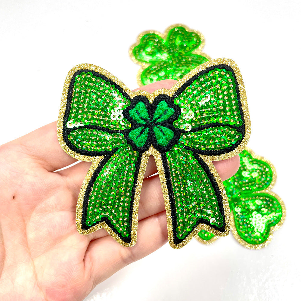 Wholesale  St. Patrick' s Day 3 Bowknots Green Series Sequin Embroidery DIY Patches
