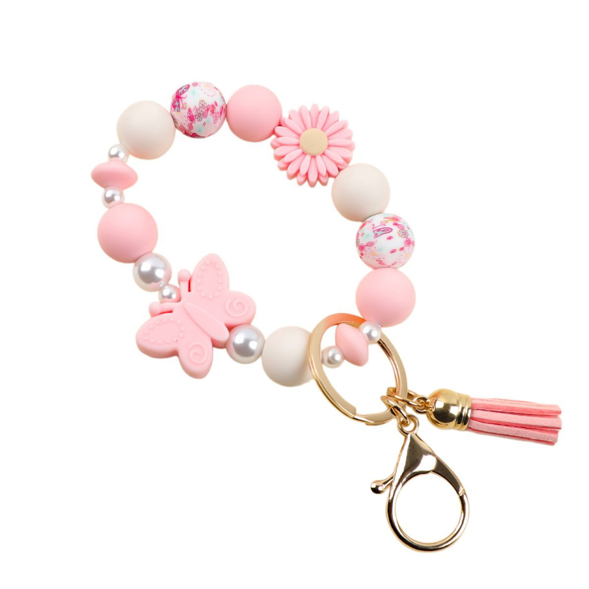 Wholesale  silicone printed wooden bead keychain bracelet key pendant