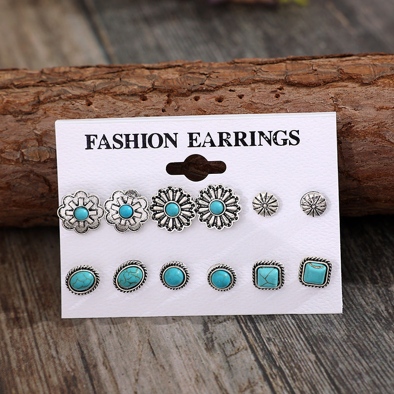 Wholesale Retro Western Style Geometric Multi-piece Set of Turquoise Stud Earrings