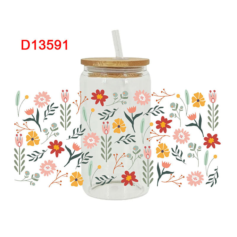Wholesale Colorful beautiful flowers 16oz Cup UV DTF Wrap