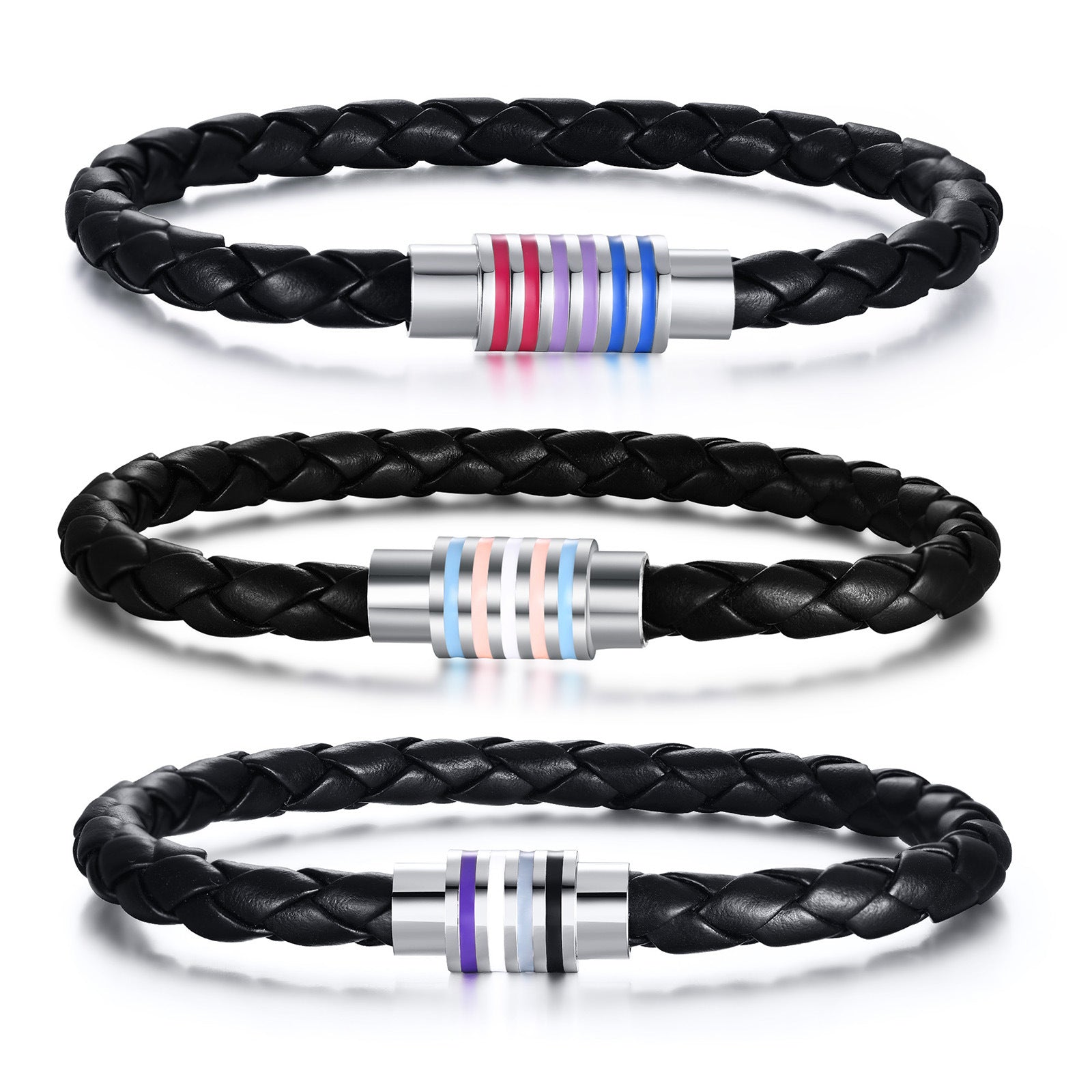 Wholesale Rainbow Woven Titanium Steel PU Leather Bracelet
