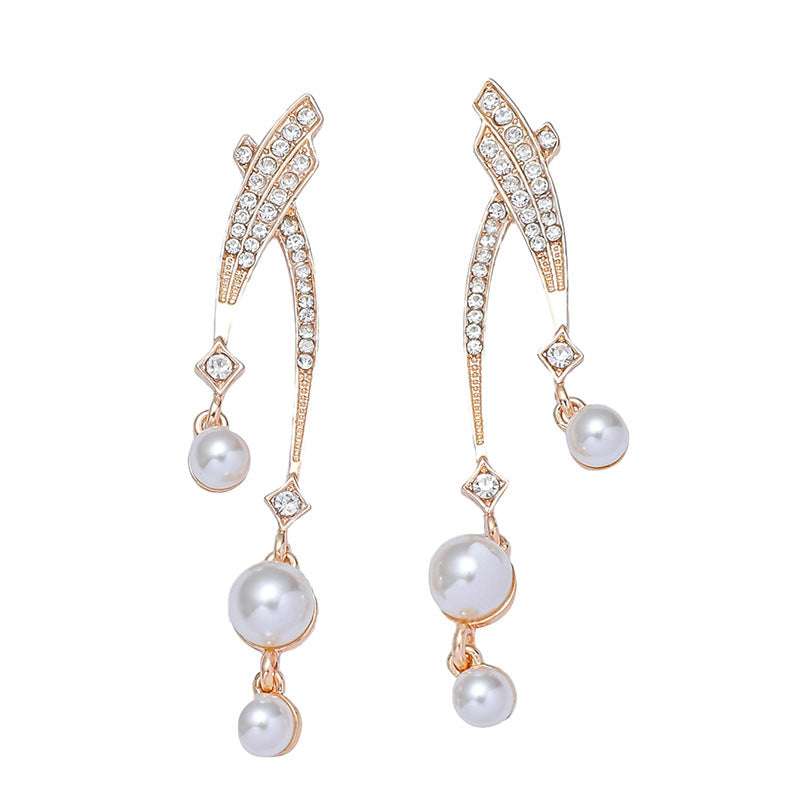Wholesale Vintage Micro-Inlaid Zircon Flower Long Pearl Earrings