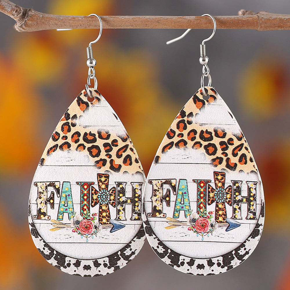 Wholesale Western Denim FAITH Leopard Print Turquoise Cross Double Sided Print PU Leather Drop Earrings