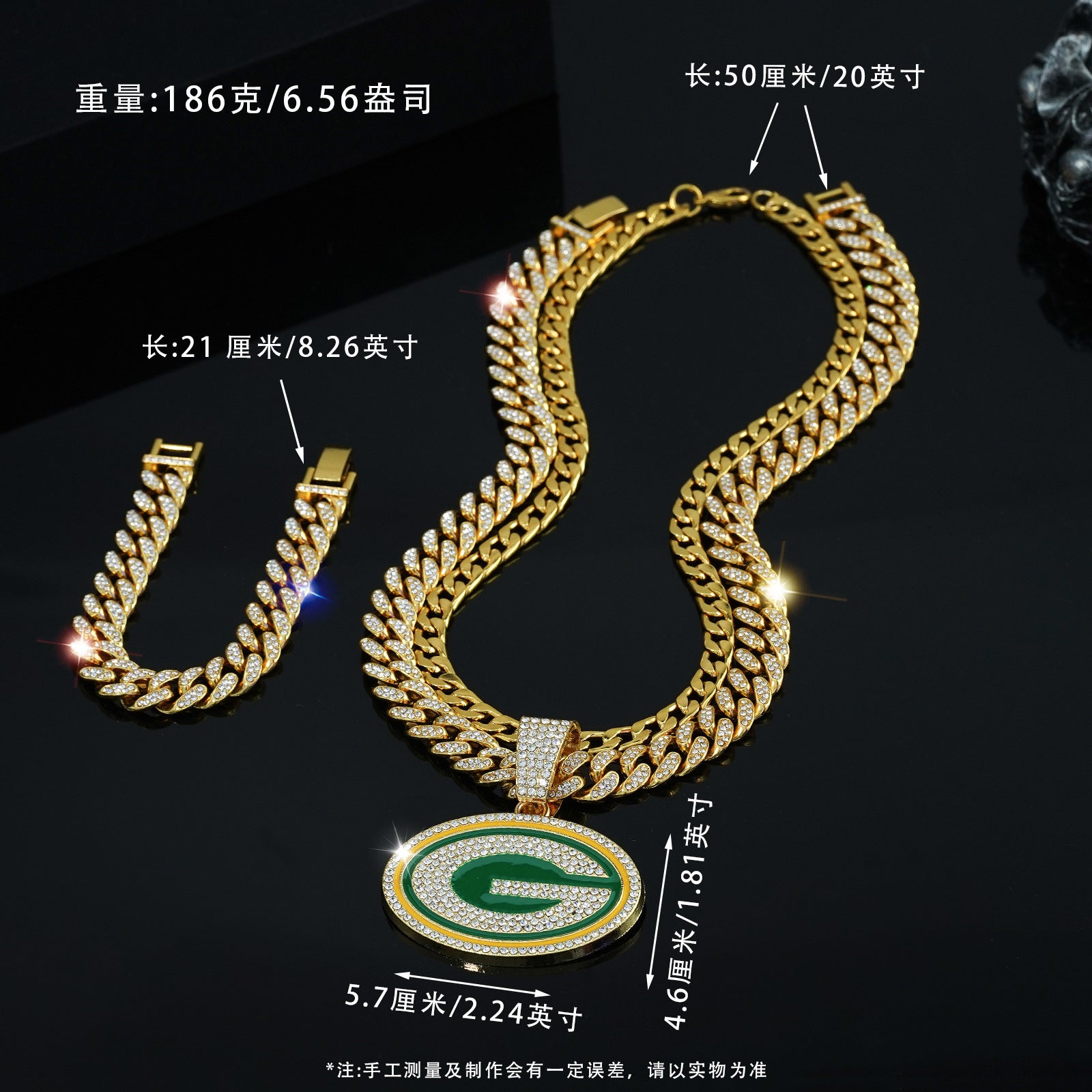 Wholesale Punk hip-hop letter G round diamond necklace and bracelet set