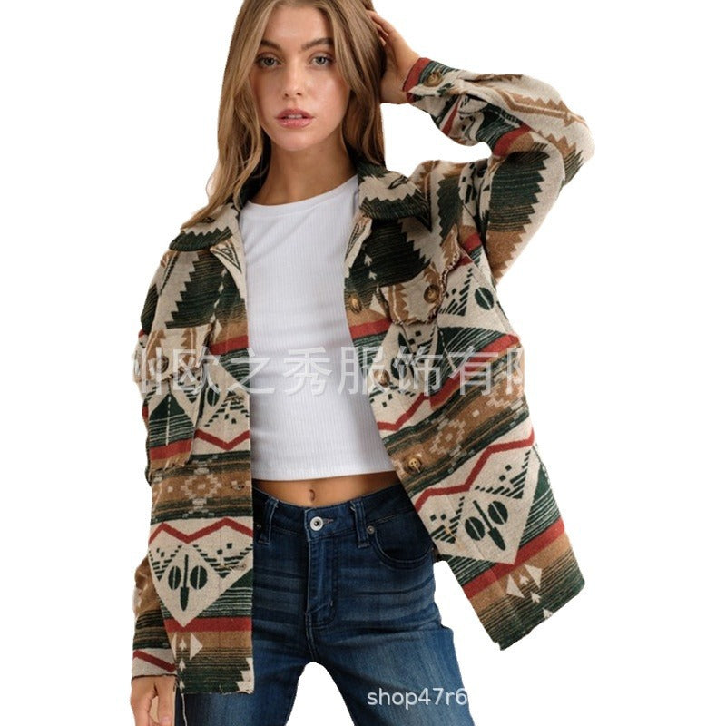 Wholesale European and American Autumn and Winter Jackets, Thickened Retro Aztec Printed Woolen Women Clothes