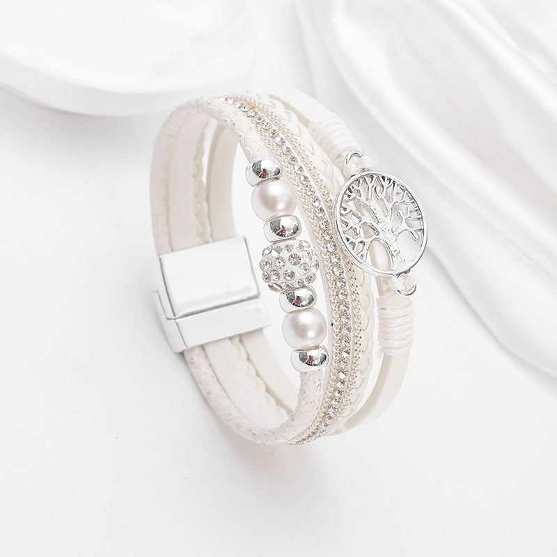 Wholesale Ethnic style imitation pearl diamond ball magnetic clasp woven bracelet