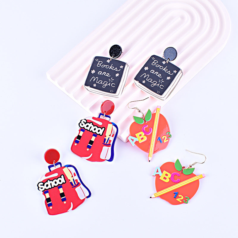 Wholesale Teacher's Day Back To School Season Pencil Rainbow Book Bag Book Red Apple Acrylic Earrings