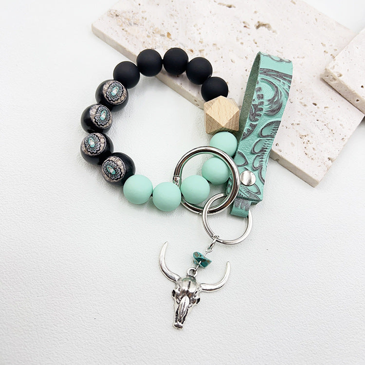 Wholesale Western Wood Beads Handmade Beaded Genuine Leather Embossed Wrist Keychain