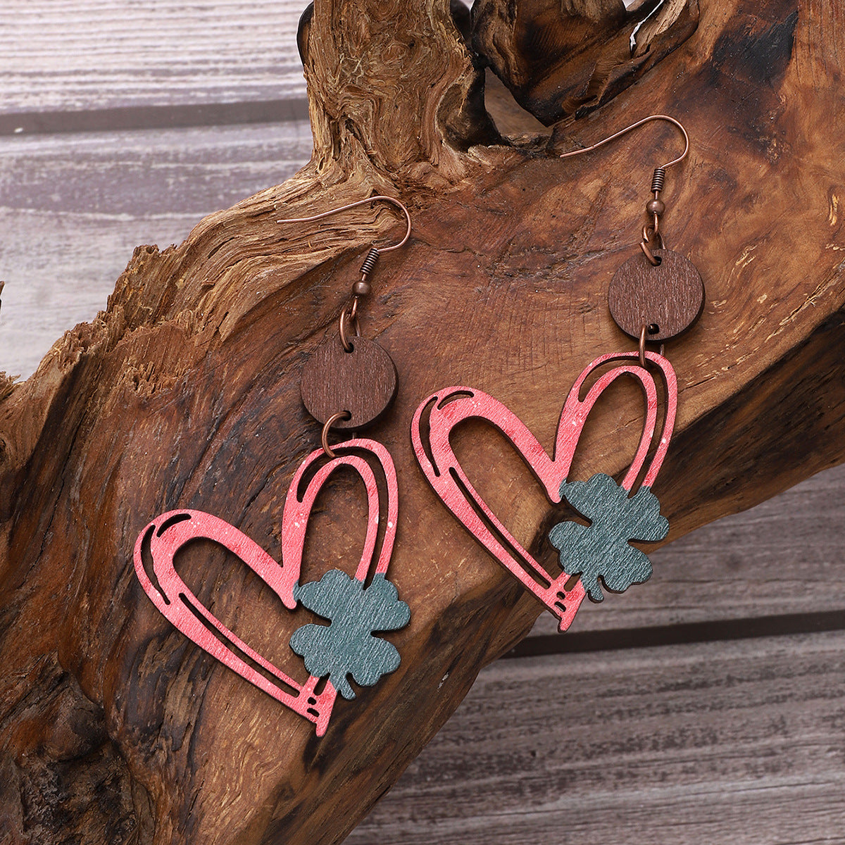 Wholesale Valentine's Day Love Hollow Four Leaf Grass Wooden Earrings