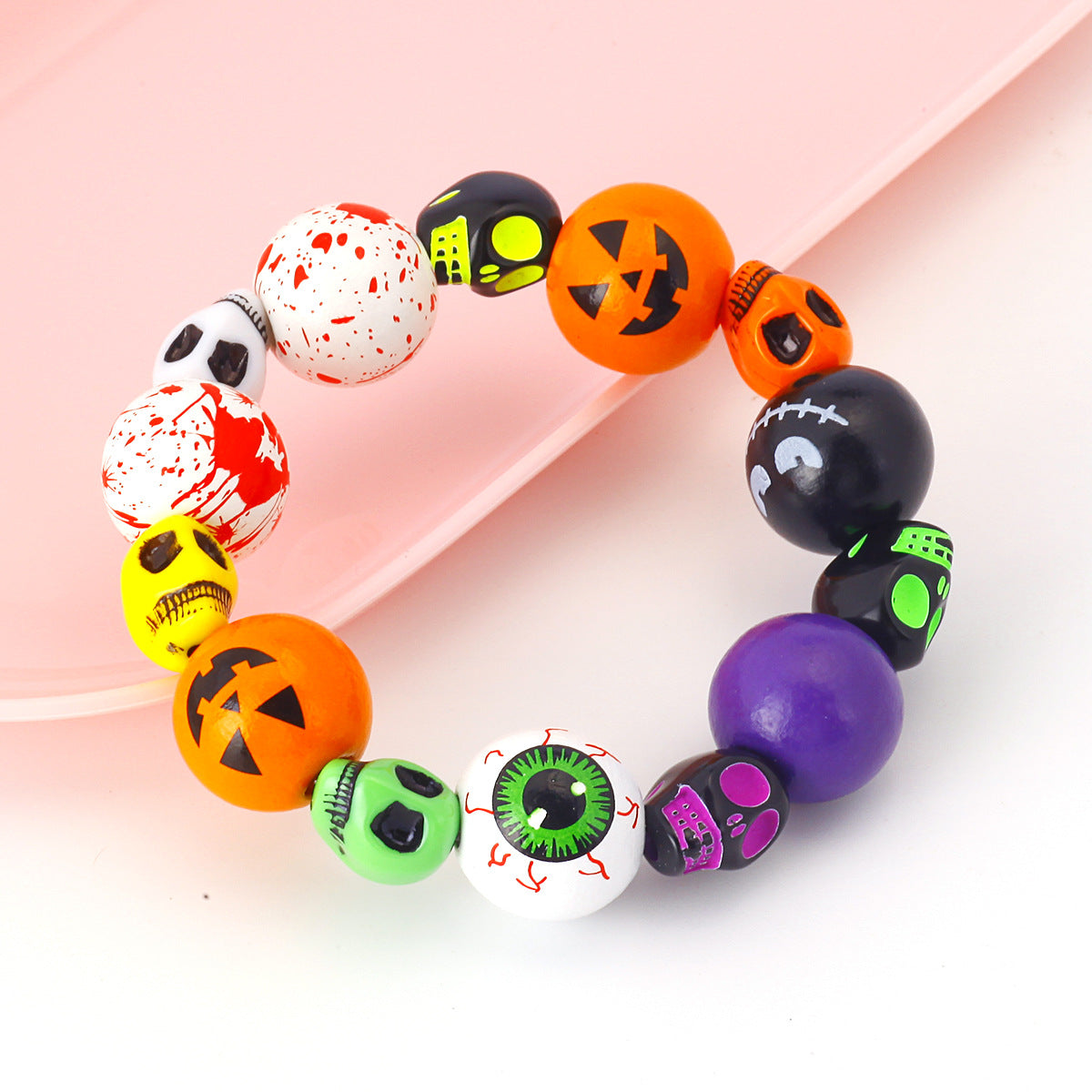 Wholesale Halloween Bracelet Beaded Pumpkin Head Skull Ghost Beads 16mm Wooden Beads Black Stone Bracelets