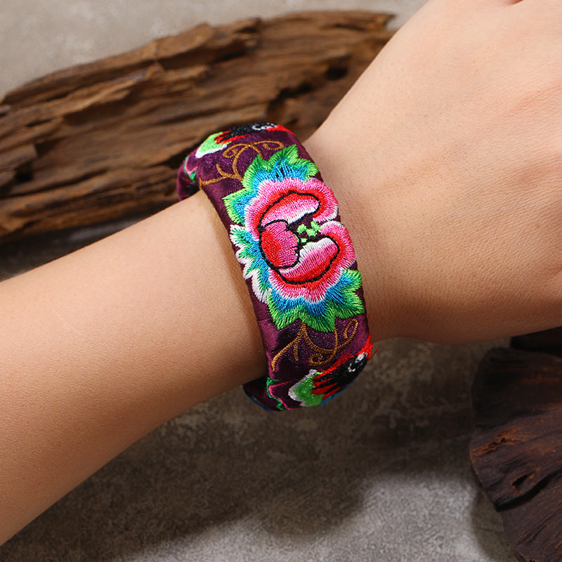 Wholesale Ethnic style embroidered fabric peony wide bracelet