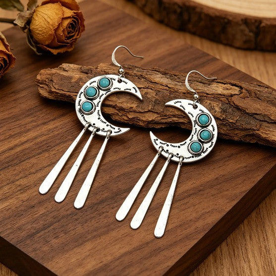 Wholesale Alloy Silver Crescent Turquoise Tassel Earrings Western Retro Boho Chic Jewelry Accessory For Party Gift