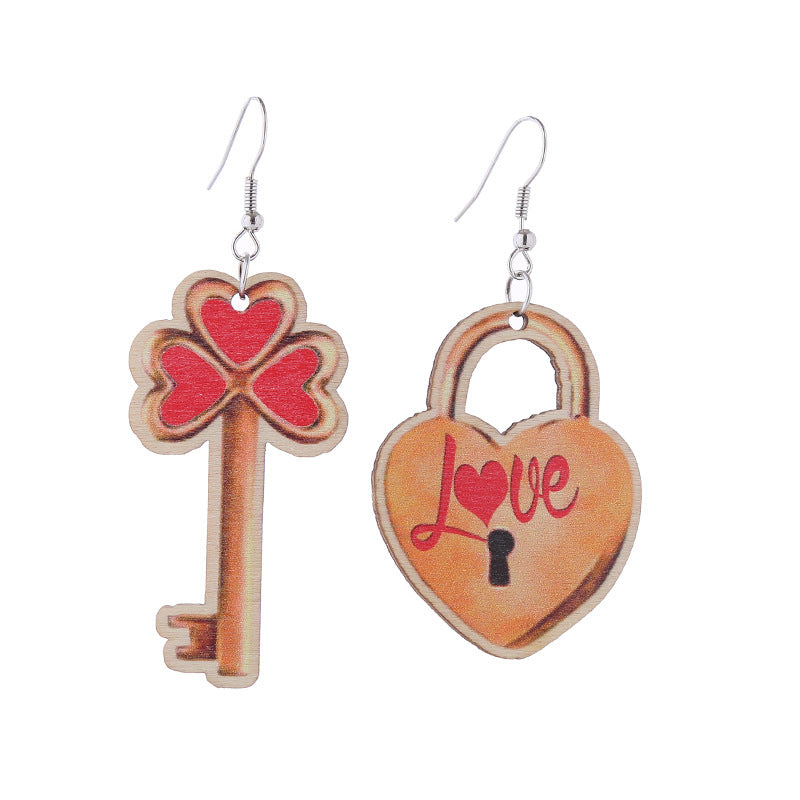 Wholesale Leopard Print Heart Pink Envelope Valentine's Day Wooden Earrings