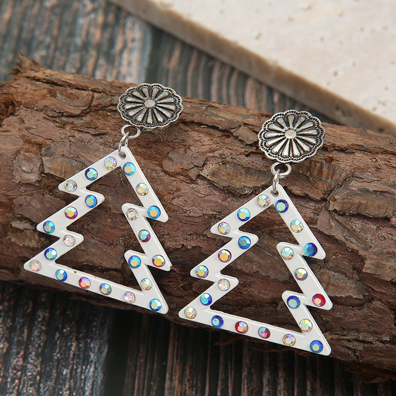 Wholesale Western Style Christmas Color Diamond Hollow White Christmas Tree Earrings