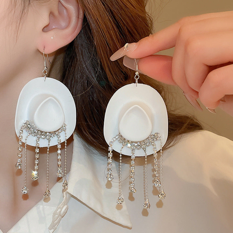 Wholesale Exaggerated rhinestone earrings hip-hop cowboy hat diamond tassel ear hooks