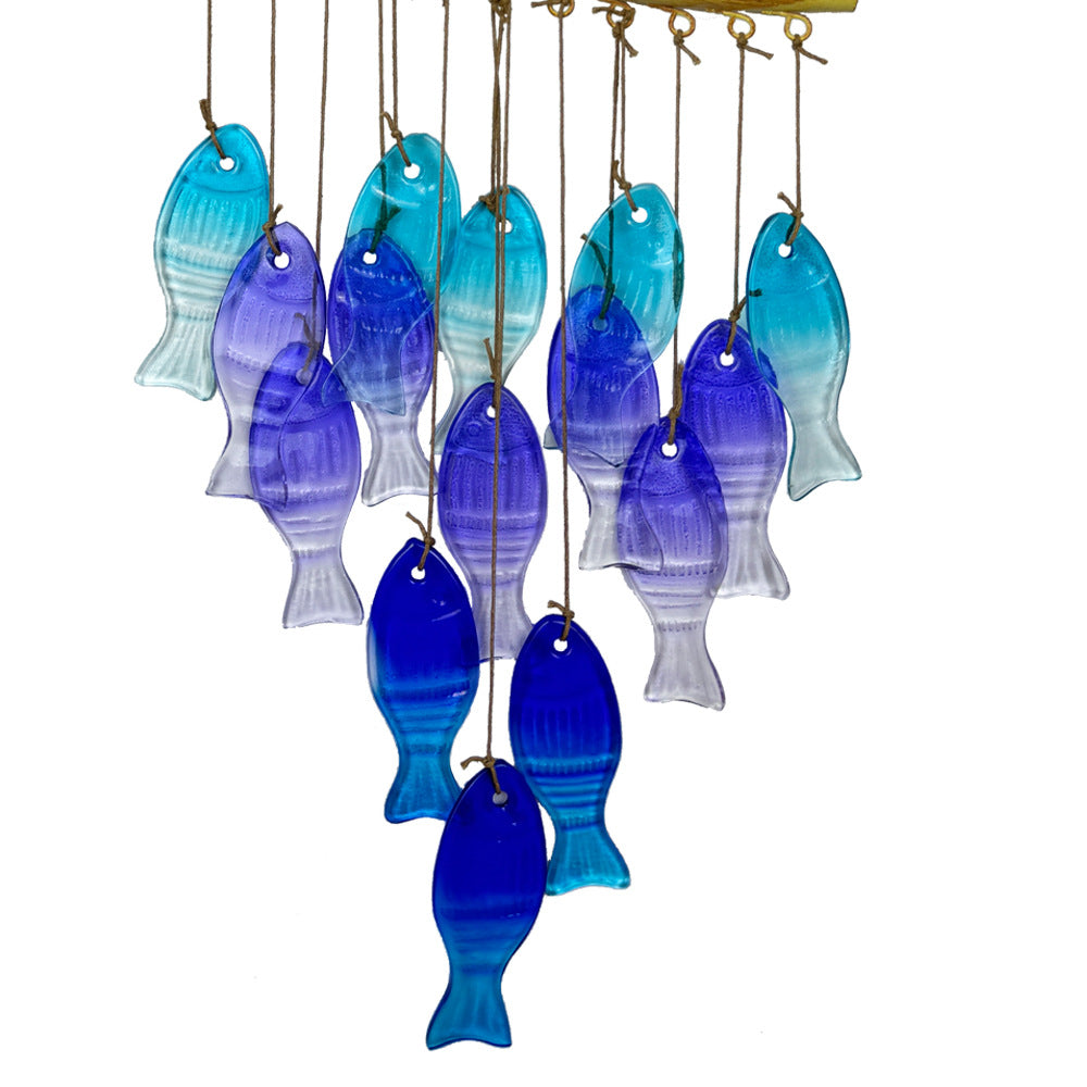 Wholesale Wind Chime Iron Art Hot Melt Colored Glass Fish Leaf Ornament