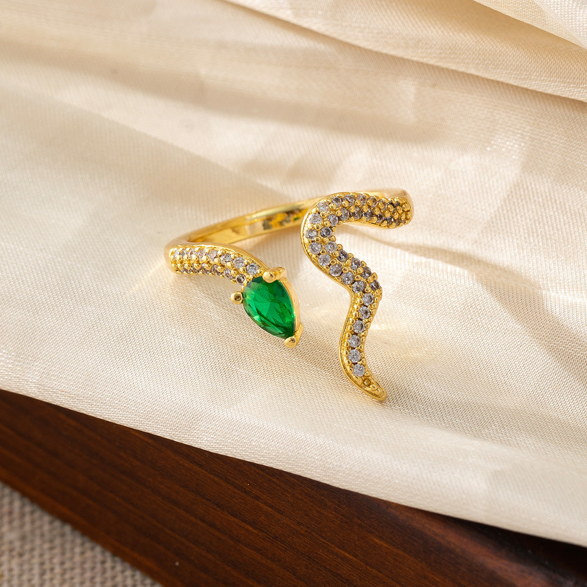 Wholesale Green Zircon Cool Cool Tide Wave Small Snake Open Ring