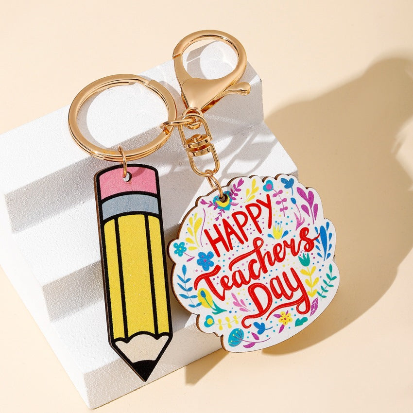 Wholesale Teacher' s Day Rainbow Pencil Wooden Label Tassel Keychain