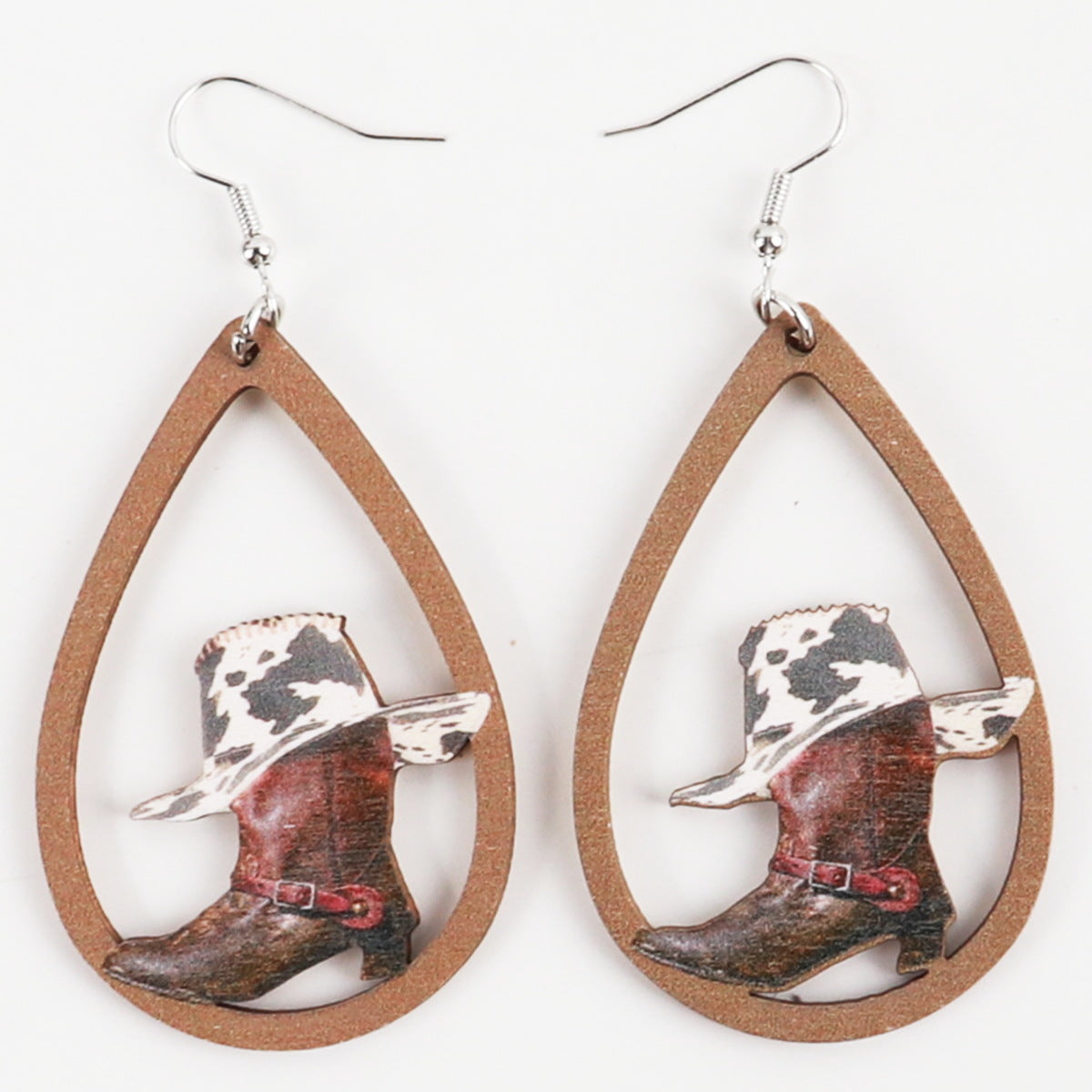 Wholesale Western Style Sunflower Cow Head Boots Wood Chip Hollow Earrings