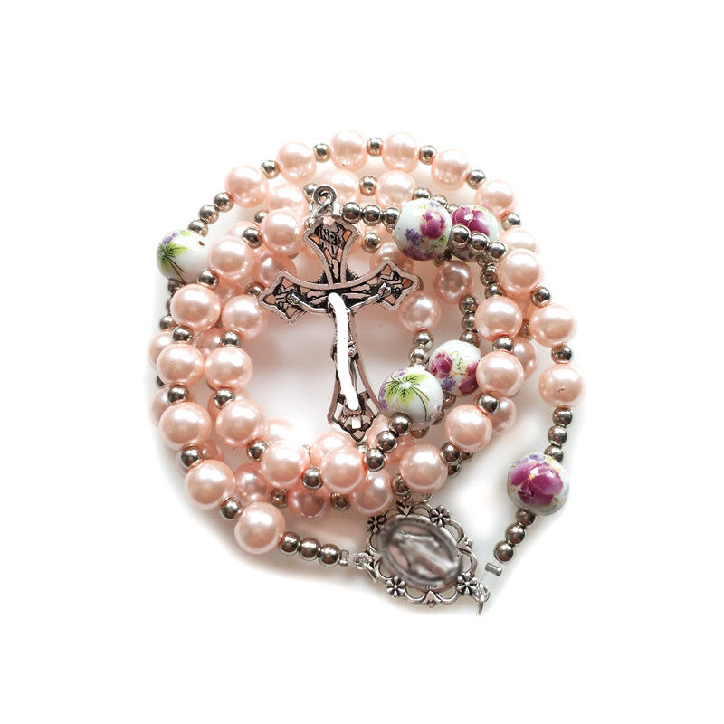 Wholesale Ceramic Rose Glass Pearl Pendant Men's and Women's Versatile Sweater Chain