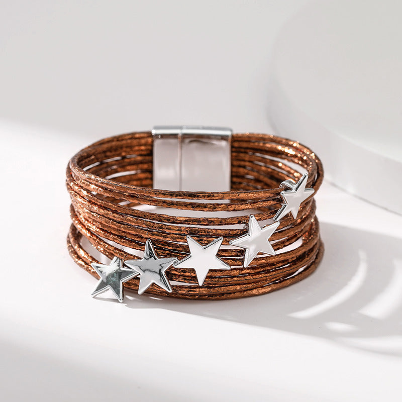 Wholesale Multi-layer PU Magnetic Buckle Creative Five-pointed Star Bracelet