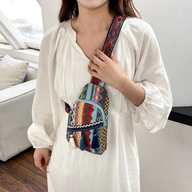 Wholesale ethnic style women's chest bag versatile fashion tassel waist bag messenger bag