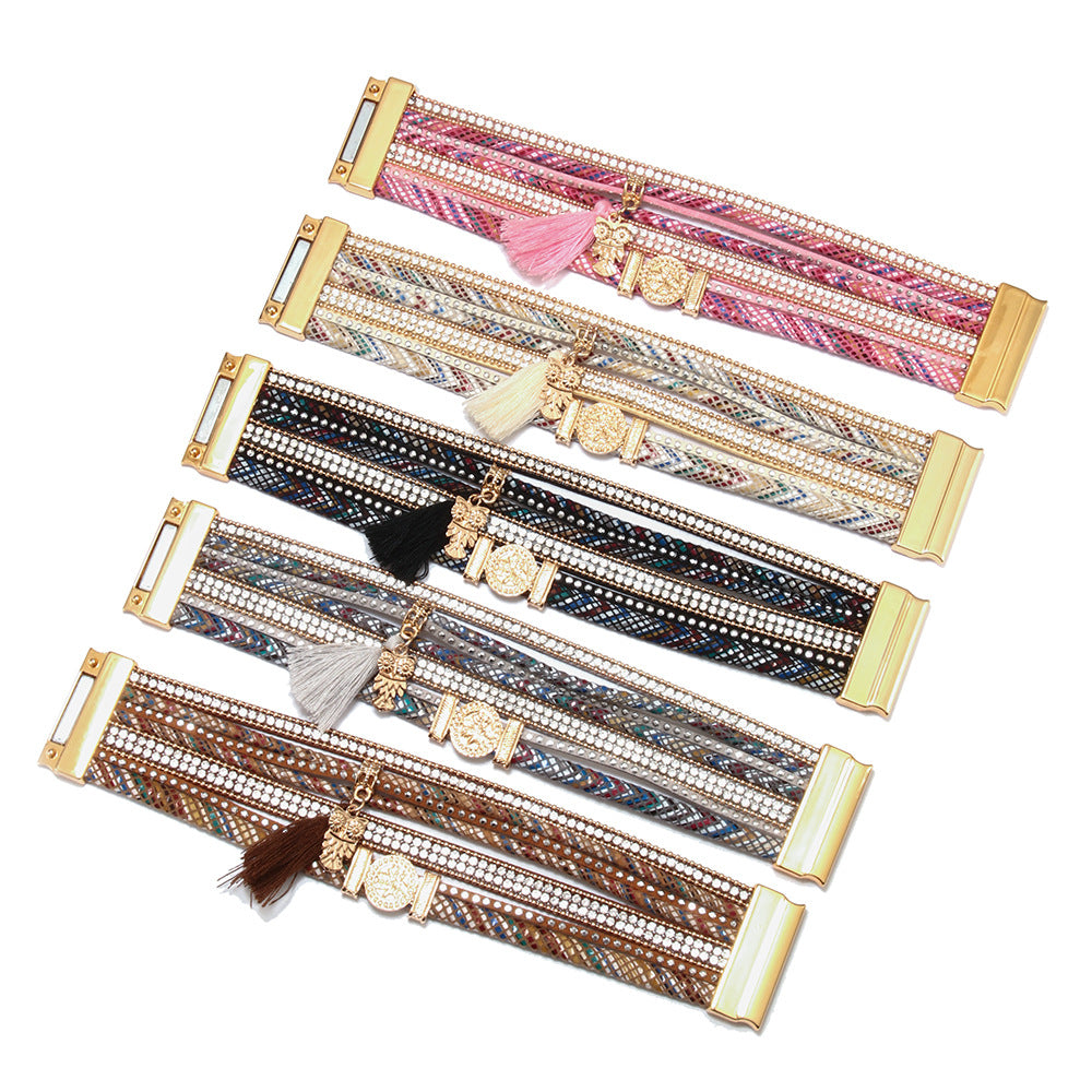Wholesale Diamond-studded Bohemian Tassel Colorful Magnetic PU Leather Bracelet