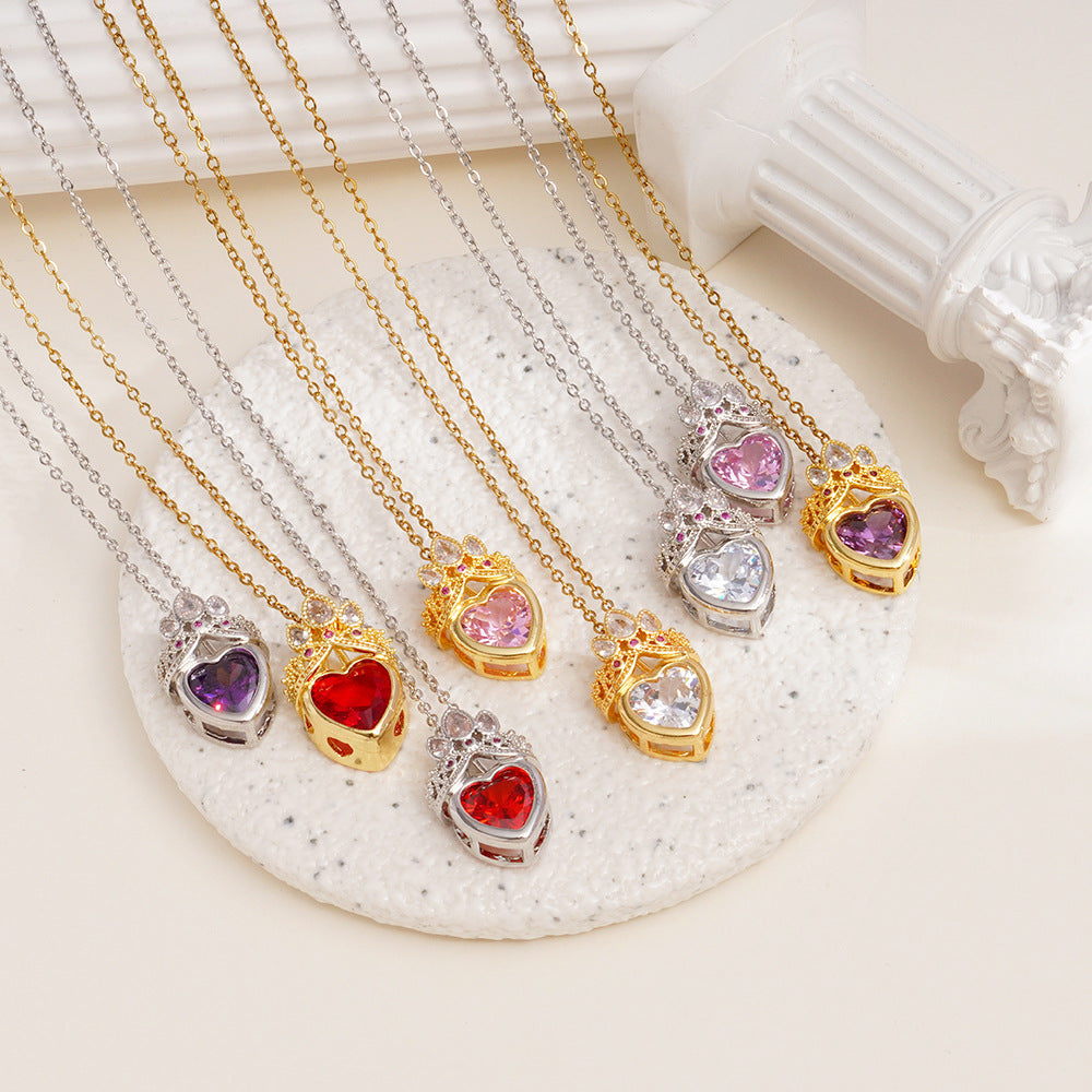 Wholesale Stainless Steel Clavicle Chain Pink Crown Love Necklace Light Luxury Accessories