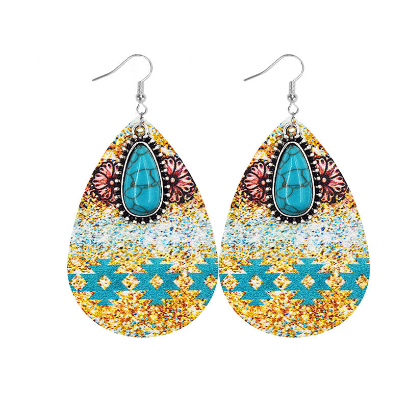 Wholesale Aztec Water Drop Alloy Turquoise Leather Earrings