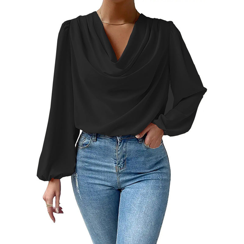 Wholesale chiffon long sleeve shirt loose draped v-neck top T-shirt women's clothing