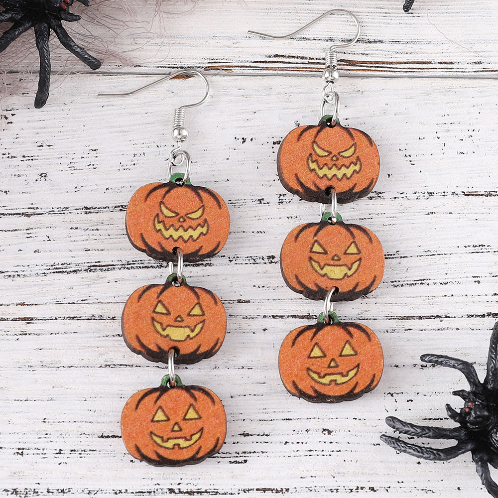 Wholesale Halloween Gothic Style Black Cat Ghost Face Pumpkin Stitching Wooden Earrings