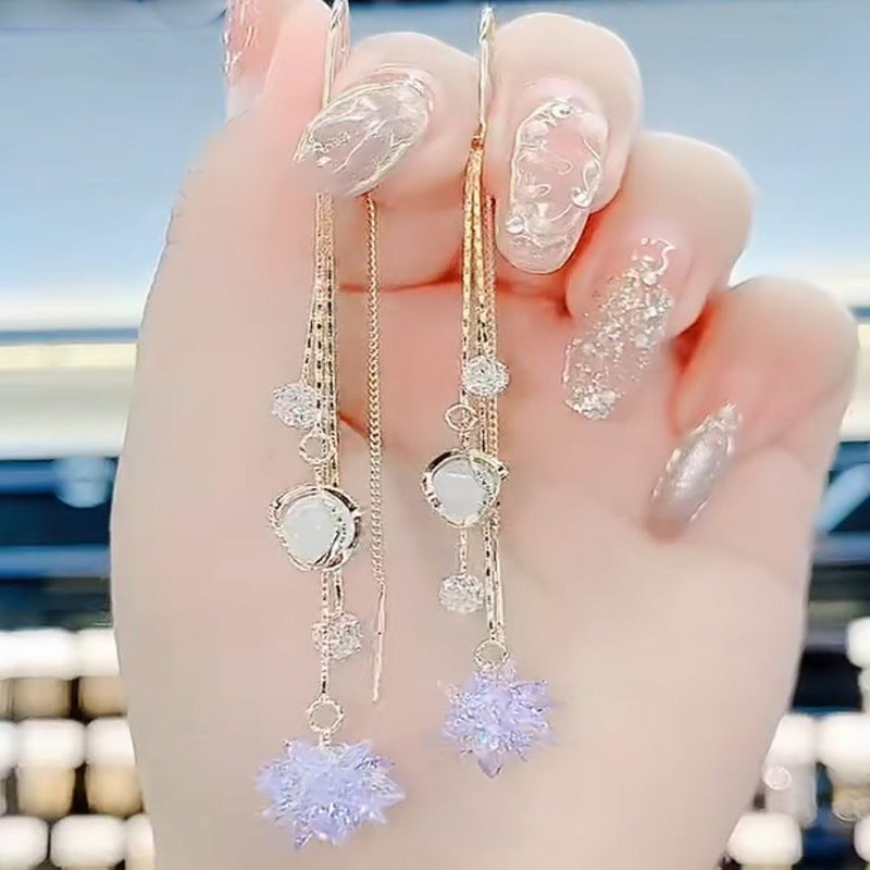 Wholesale S925 Silver Needle Ice Flower Crystal Cat's Eye Stone Tassel Earrings