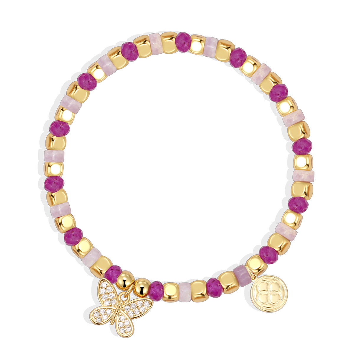 Wholesale Bohemian butterfly inlaid zircon beads rose quartz chalcedony bracelet