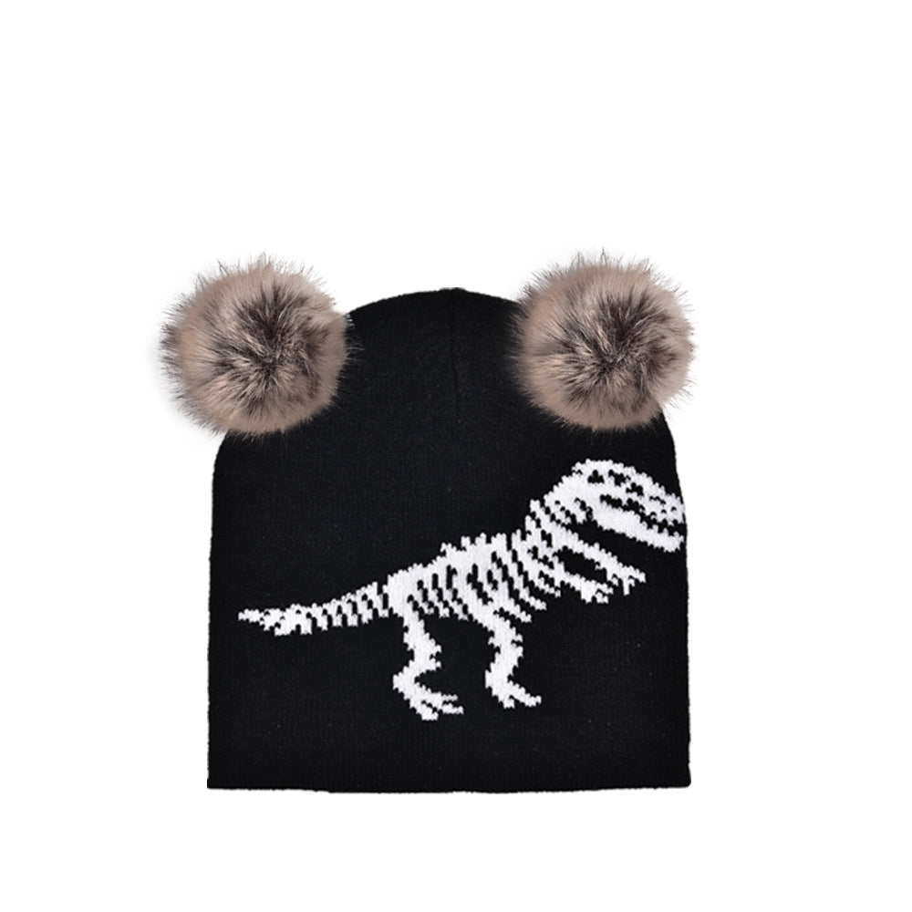 Wholesale Autumn and Winter Knitted Jacquard Dinosaur Double Hairball Beanie