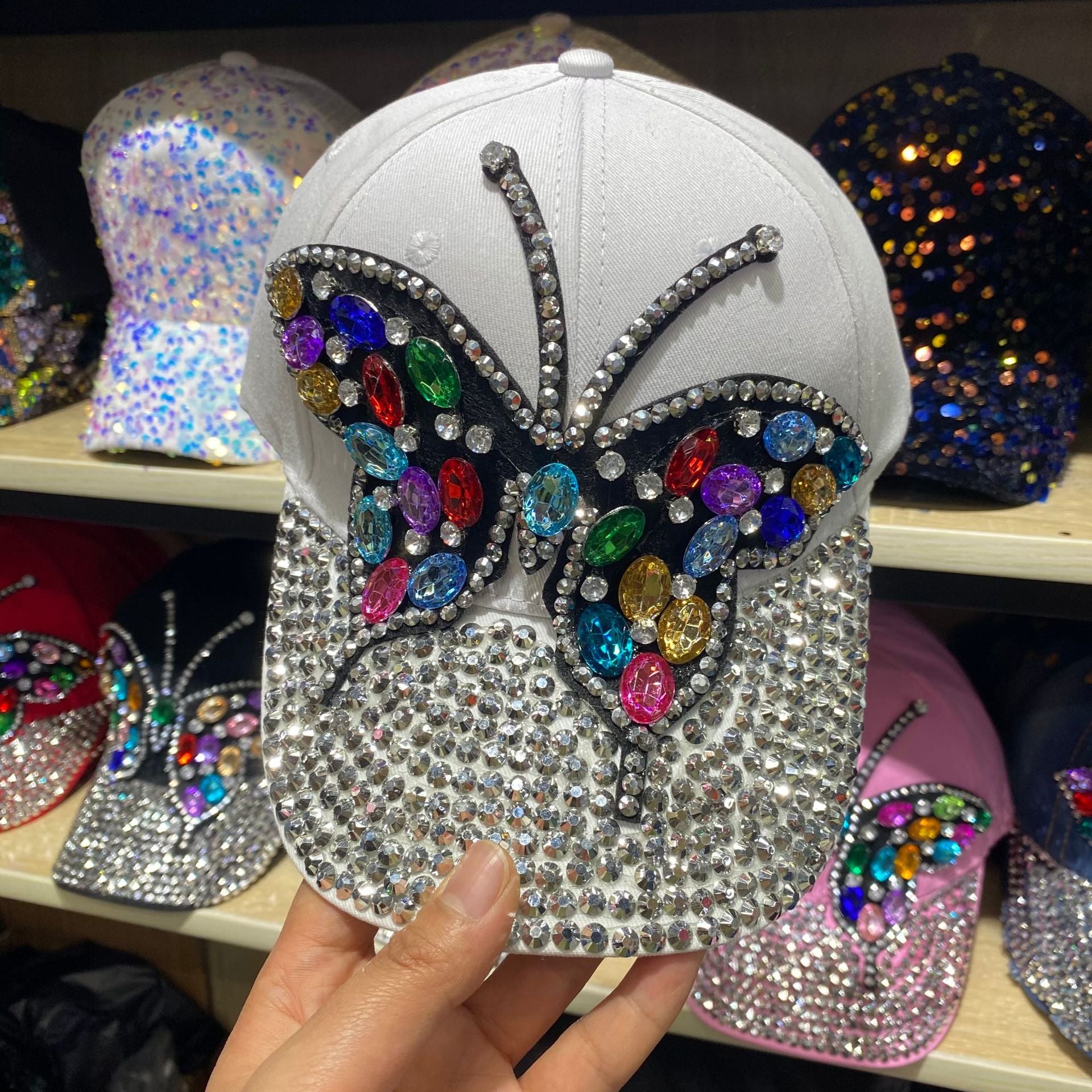 Wholesale Colored Diamond Butterfly Denim Cotton Baseball Caps