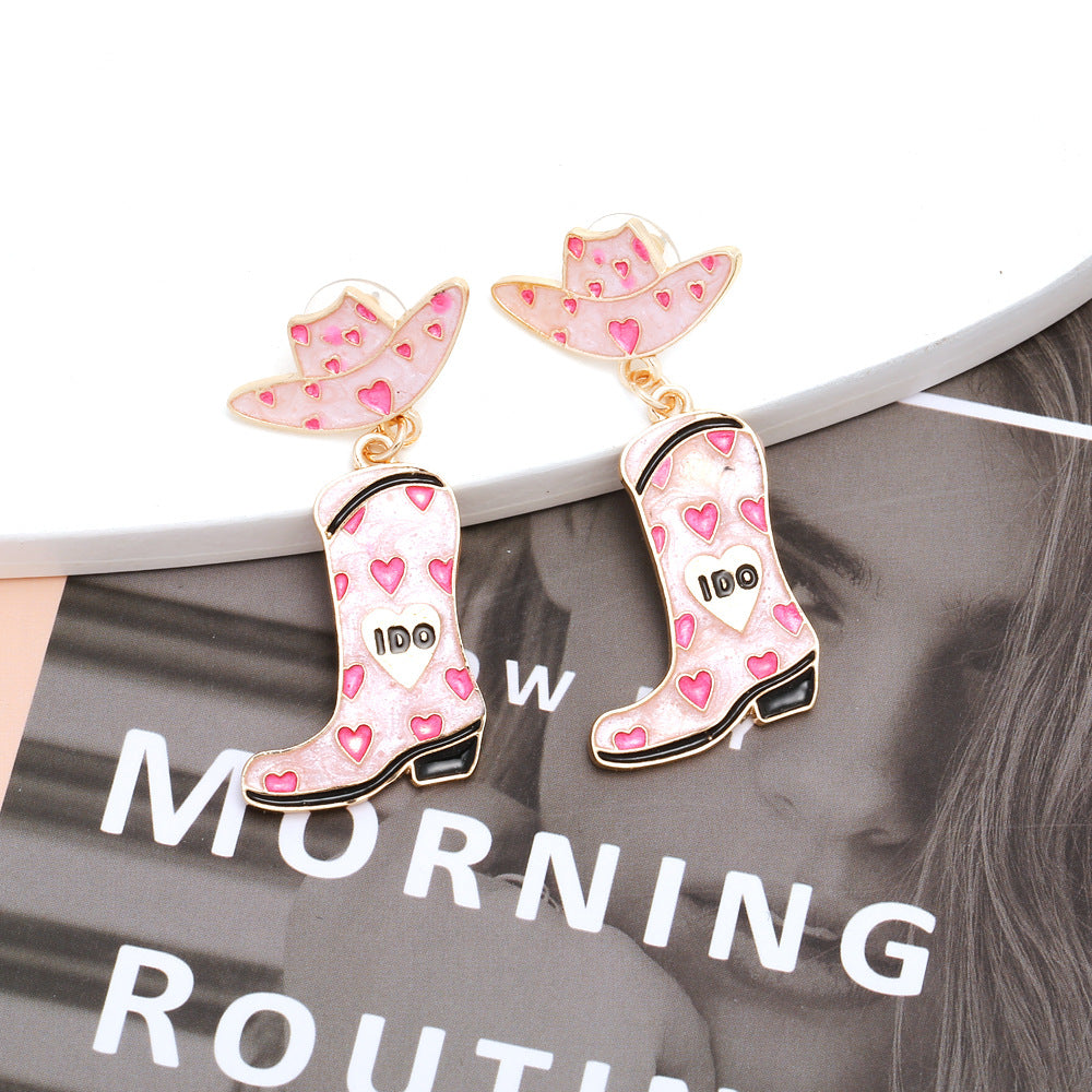 Pendientes de botas de hat de amor de aleación de aleación al por mayor de goteo