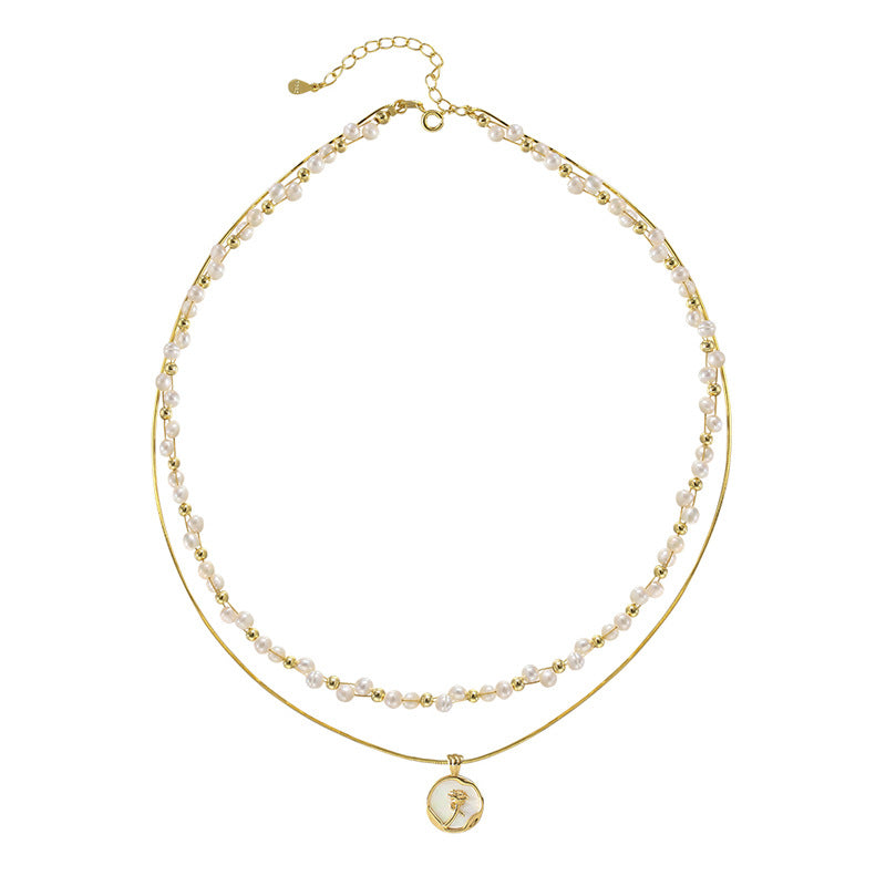 Wholesale Rose flower double pearl necklace clavicle chain