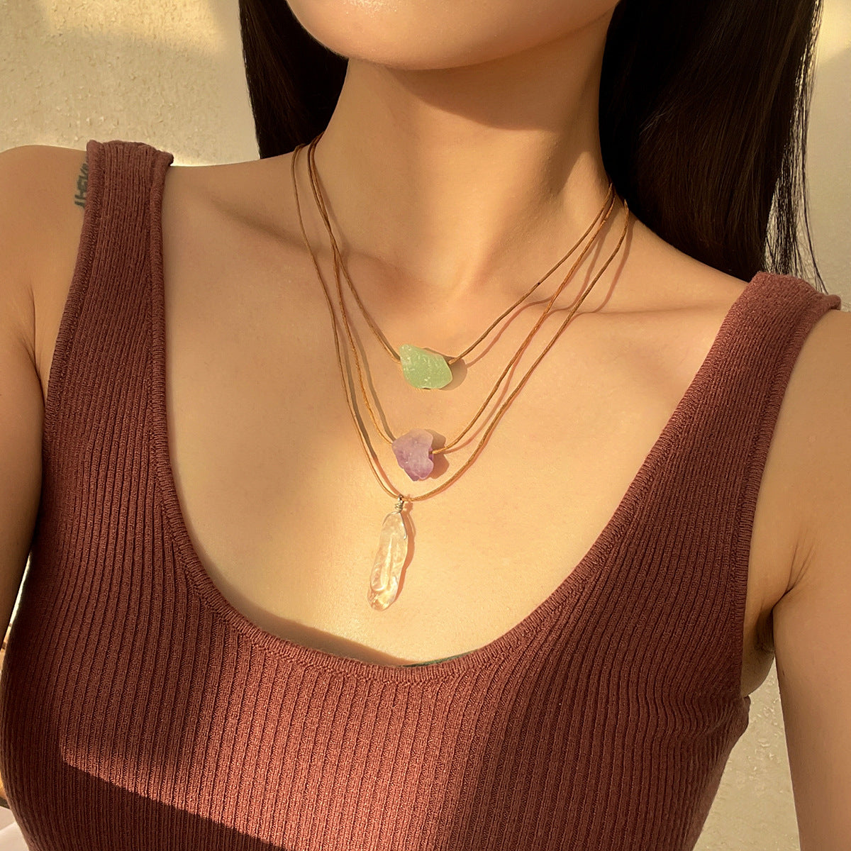 Wholesale Wax Wire Crystal Tassel Retro Ethnic Style Irregular Gravel Pendant Necklace