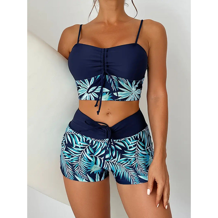 Wholesale High-waisted boxer tie-strap print solid color patchwork print swimsuit